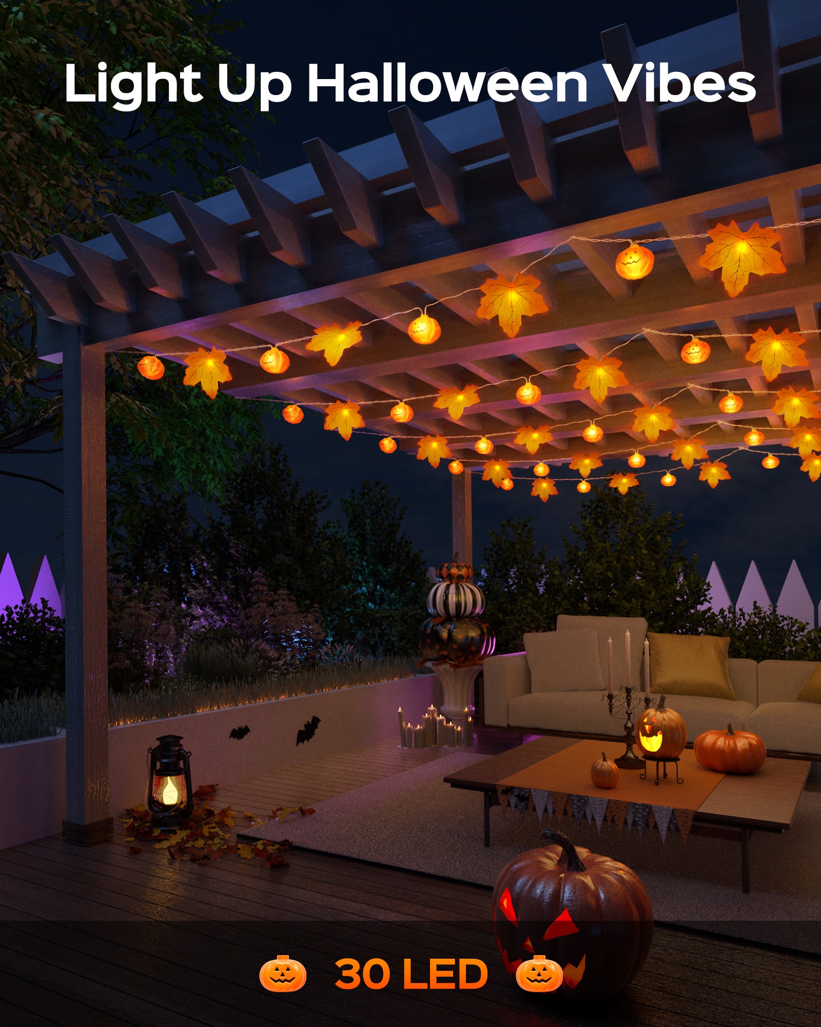 JACKYLED Halloween String Lights 60-LED Pumpkin & Maple Leaf Lights 30FT 8 Modes with Remote & Timer IP65 Waterproof Battery-Powered for Indoor & Outdoor Halloween Decorations