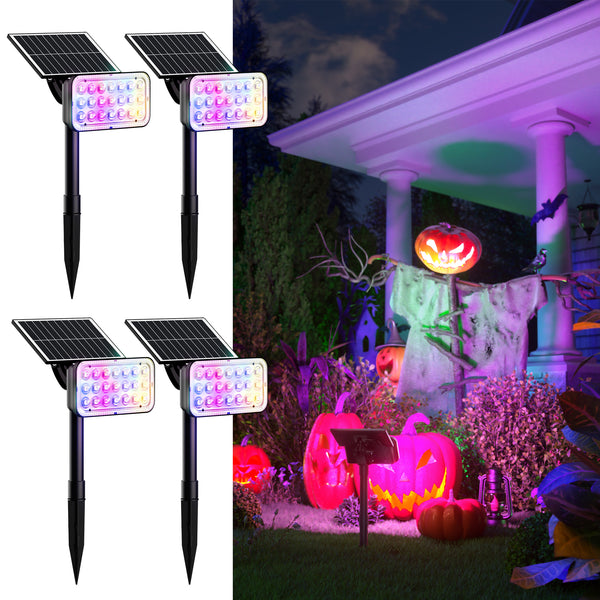 JACKYLED Solar Spot Lights Outdoor, 84 LED 7 Color Changing Solar Lights Outdoor Waterproof with 9 Modes, 360 Adjustable Landscape Spotlights for Halloween Xmas Decorations, Yard, Garden, Path, 4 Pack
