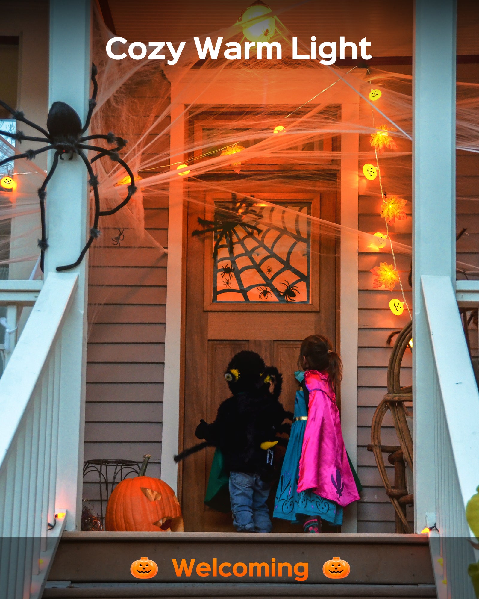 JACKYLED Halloween String Lights 60-LED Pumpkin & Maple Leaf Lights 30FT 8 Modes with Remote & Timer IP65 Waterproof Battery-Powered for Indoor & Outdoor Halloween Decorations