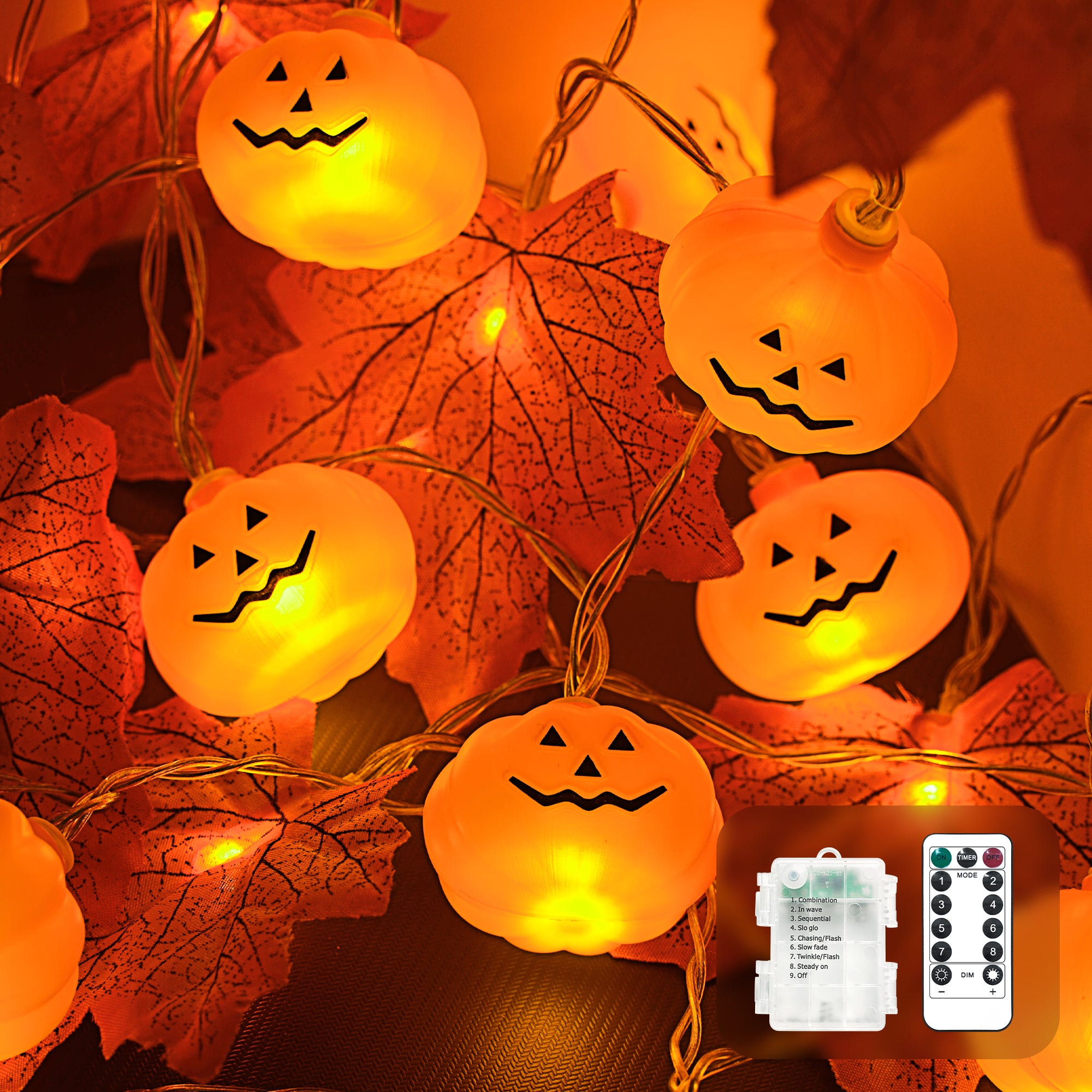 JACKYLED Halloween String Lights 60-LED Pumpkin & Maple Leaf Lights 30FT 8 Modes with Remote & Timer IP65 Waterproof Battery-Powered for Indoor & Outdoor Halloween Decorations