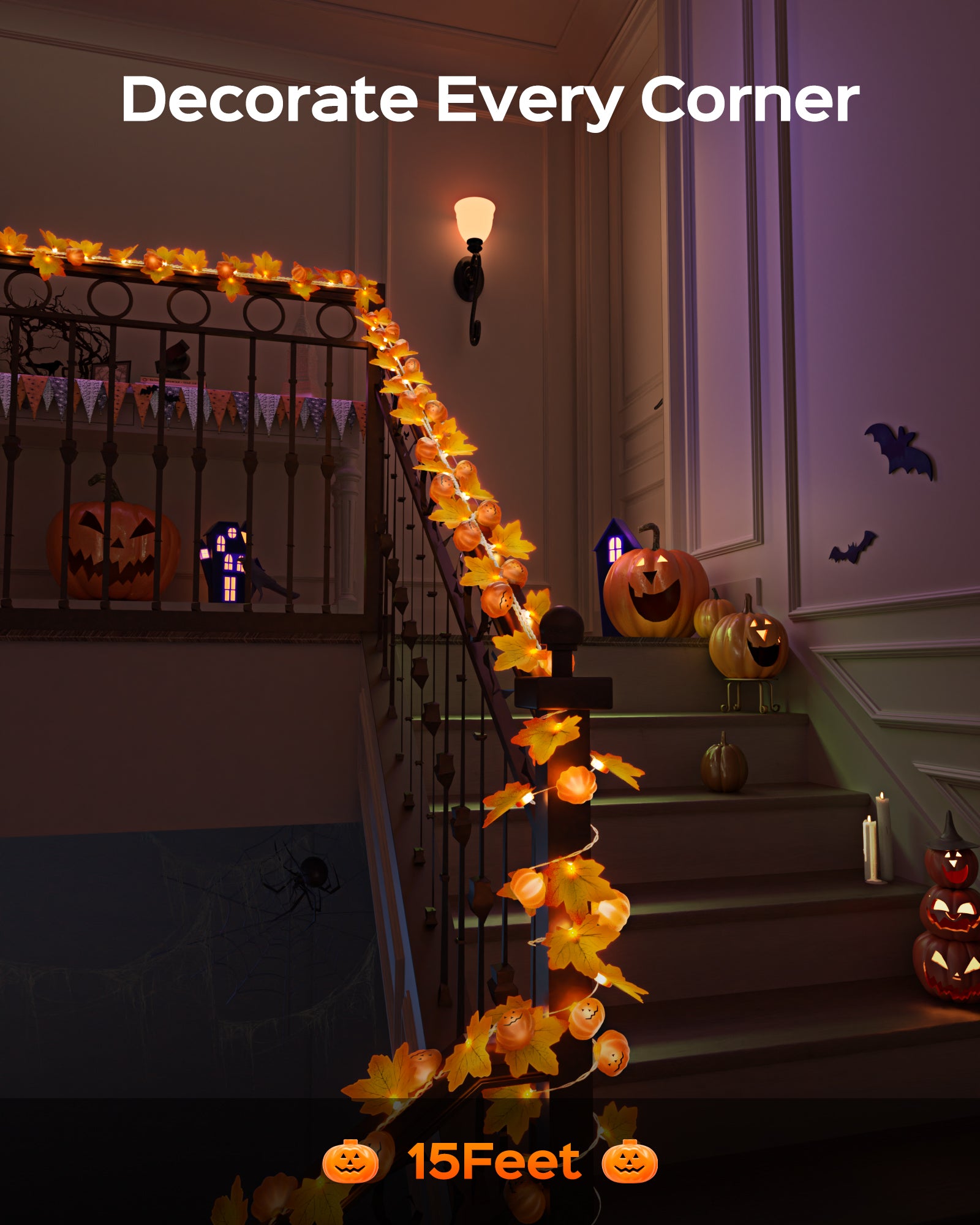JACKYLED Halloween String Lights 60-LED Pumpkin & Maple Leaf Lights 30FT 8 Modes with Remote & Timer IP65 Waterproof Battery-Powered for Indoor & Outdoor Halloween Decorations