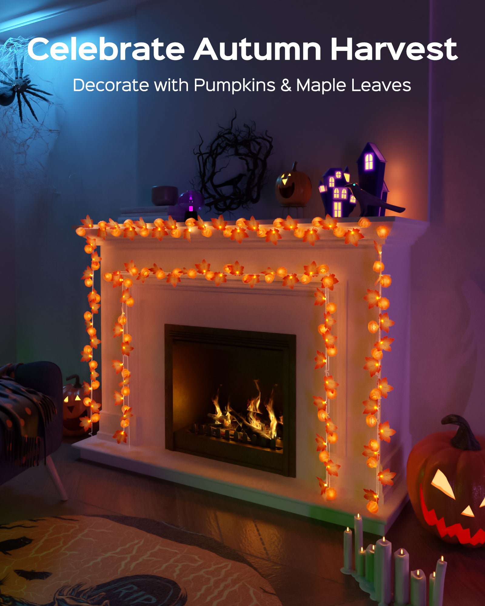 JACKYLED Halloween String Lights 60-LED Pumpkin & Maple Leaf Lights 30FT 8 Modes with Remote & Timer IP65 Waterproof Battery-Powered for Indoor & Outdoor Halloween Decorations