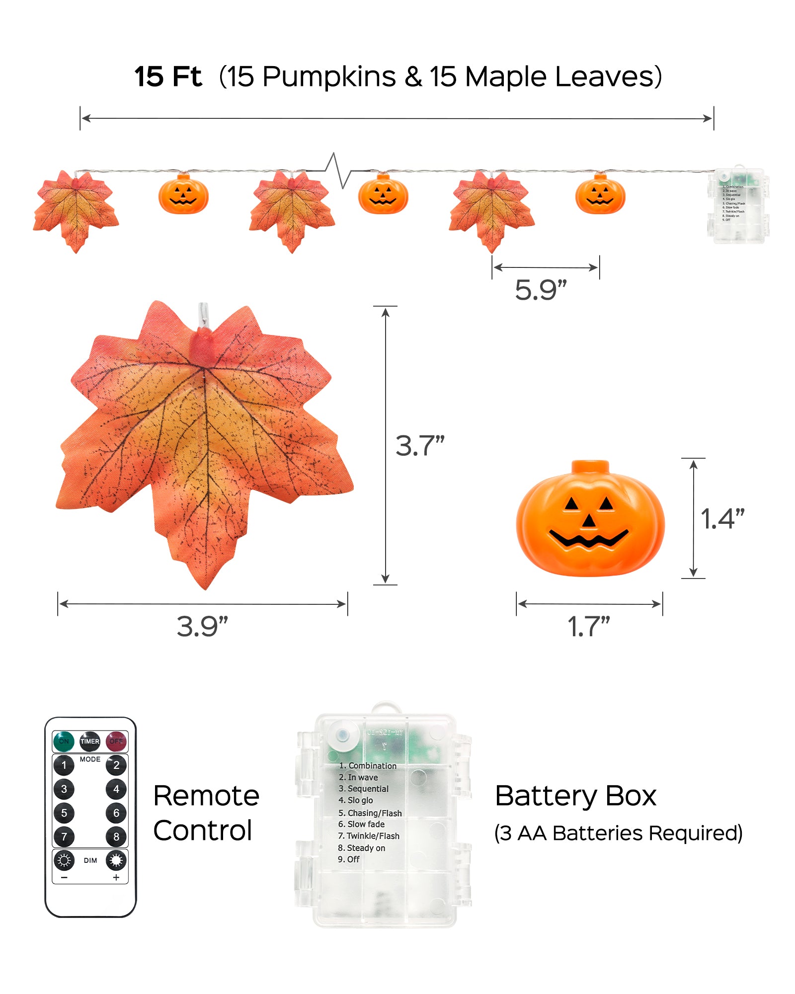 JACKYLED Halloween String Lights 60-LED Pumpkin & Maple Leaf Lights 30FT 8 Modes with Remote & Timer IP65 Waterproof Battery-Powered for Indoor & Outdoor Halloween Decorations