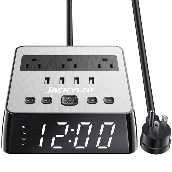 JACKYLED Alarm Clock with USB Charger Power Strip Surge Protector AC Outlets LED Full Screen-SD121090603-1
