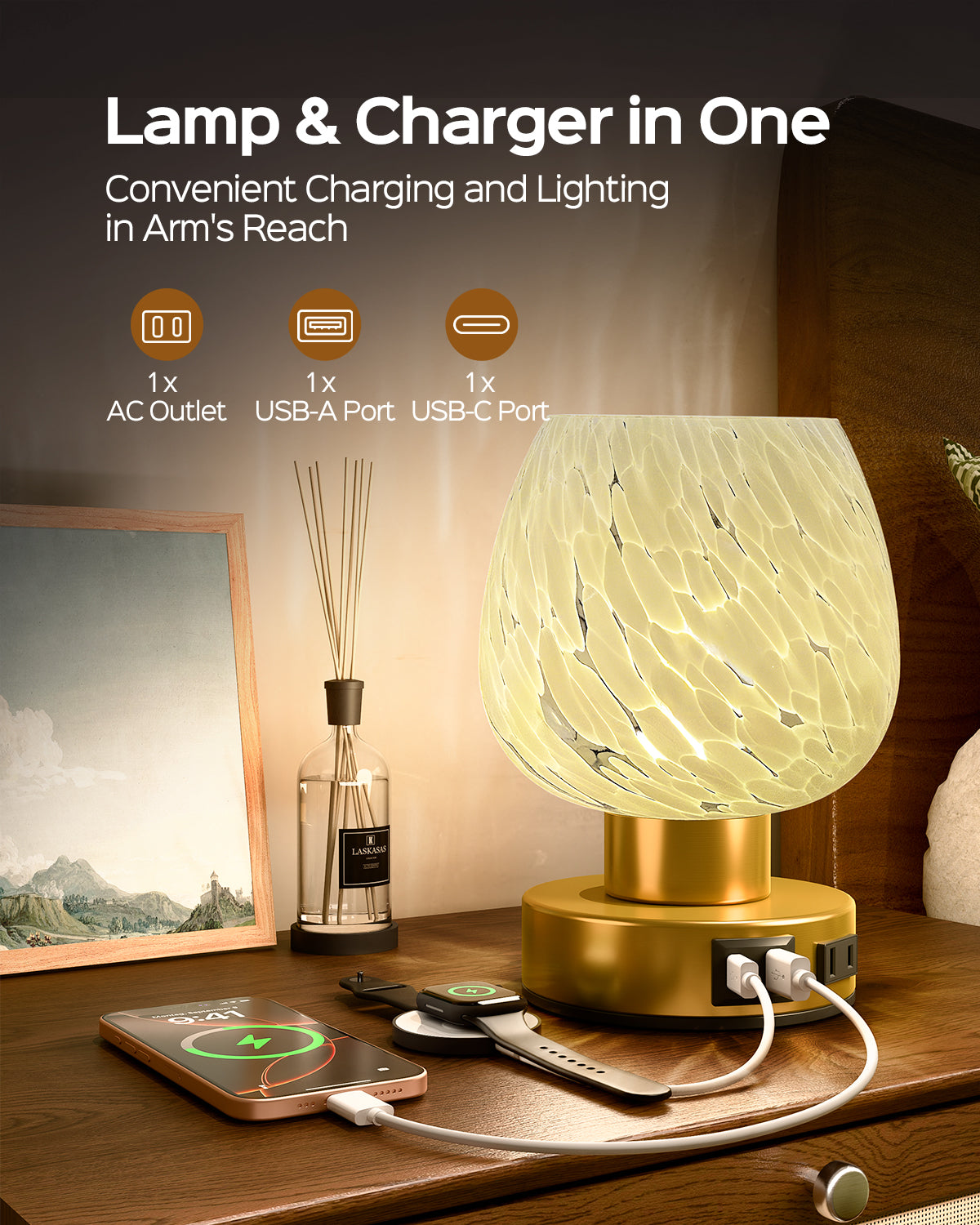 JACKYLED Touch Bedside Lamp with USB-C, USB-A & AC Outlet, 3-Level Dimmable Warm White Light, Small Plug-in Table Lamps for Nightstand, Bedroom, Living Room, Home Office, Dorm (Murano-Inspired Shade)