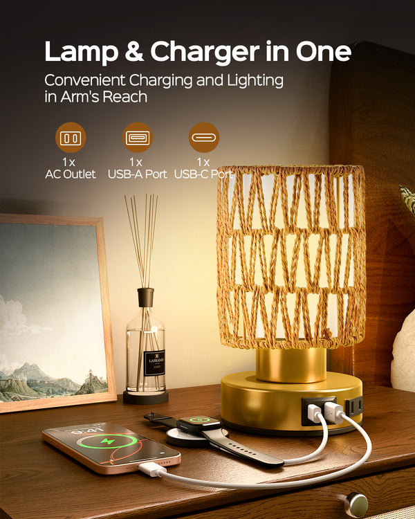 JACKYLED Touch Bedside Lamp with USB-C, USB-A &amp; AC Outlet, 3-Level Dimmable Warm White Light, Small Plug-in Table Lamps for Nightstand, Bedroom, Living Room, Home Office, Dorm(Handwoven Boho Shade