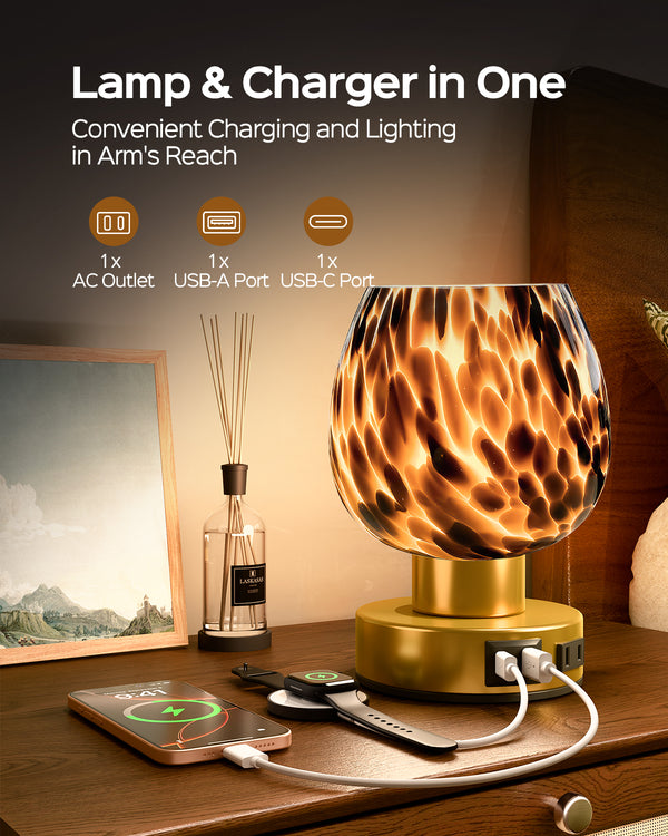JACKYLED Touch Bedside Lamp with USB-C, USB-A & AC Outlet, 3-Level Dimmable Warm White Light, Small Plug-in Table Lamps for Nightstand, Bedroom, Living Room, Home Office, Dorm(Brown Glass Shade)