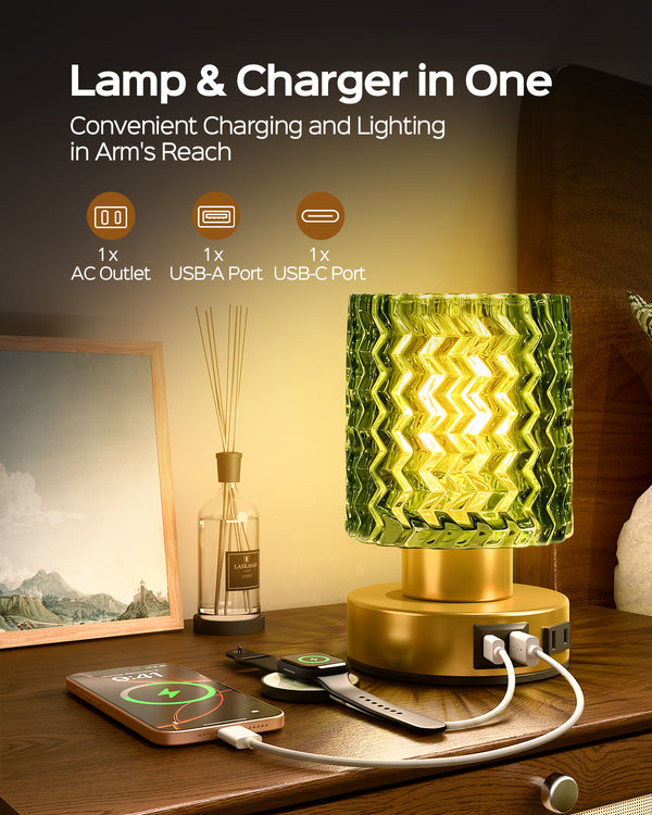 JACKYLED Touch Bedside Lamp with USB-C, USB-A &amp; AC Outlet, 3-Level Dimmable Warm White Light, Small Plug-in Table Lamps for Nightstand, Bedroom, Living Room, Home Office, Dorm(Wave Glass Shade