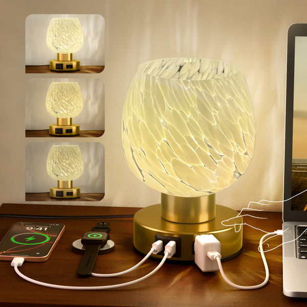 JACKYLED Touch Bedside Lamp with USB-C, USB-A & AC Outlet, 3-Level Dimmable Warm White Light, Small Plug-in Table Lamps for Nightstand, Bedroom, Living Room, Home Office, Dorm (Murano-Inspired Shade)