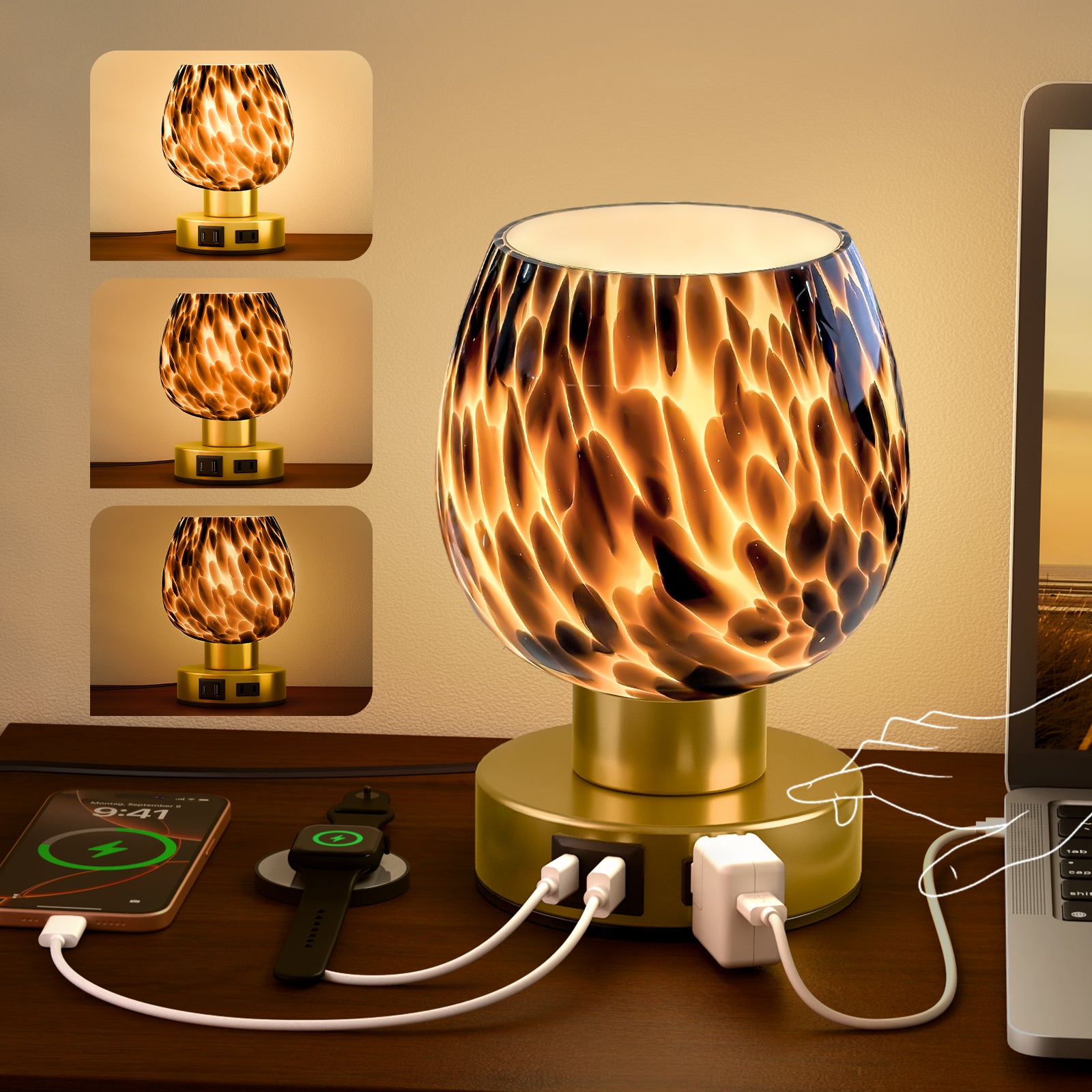 JACKYLED Touch Bedside Lamp with USB-C, USB-A & AC Outlet, 3-Level Dimmable Warm White Light, Small Plug-in Table Lamps for Nightstand, Bedroom, Living Room, Home Office, Dorm(Brown Glass Shade)
