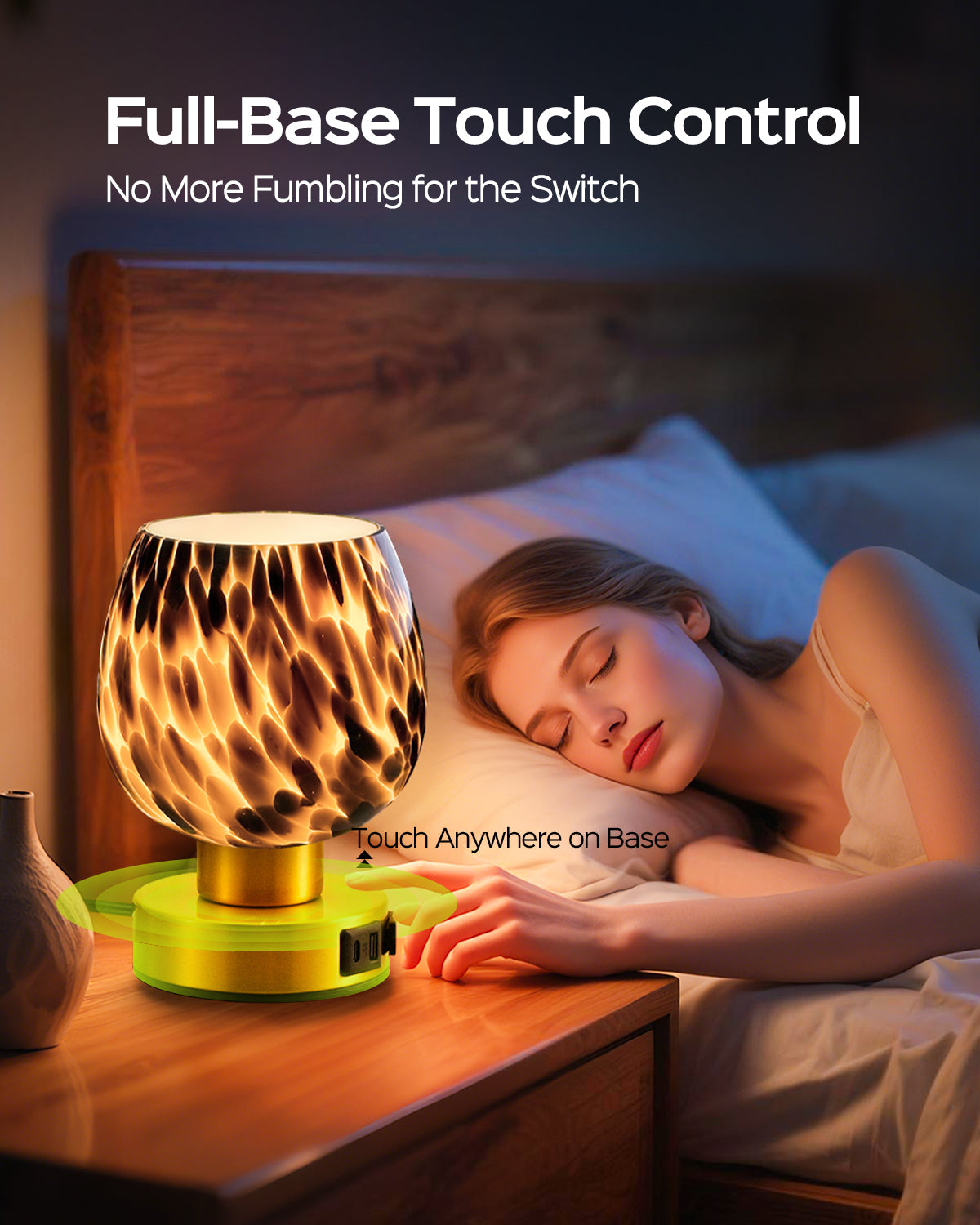 JACKYLED Touch Bedside Lamp with USB-C, USB-A & AC Outlet, 3-Level Dimmable Warm White Light, Small Plug-in Table Lamps for Nightstand, Bedroom, Living Room, Home Office, Dorm(Brown Glass Shade)