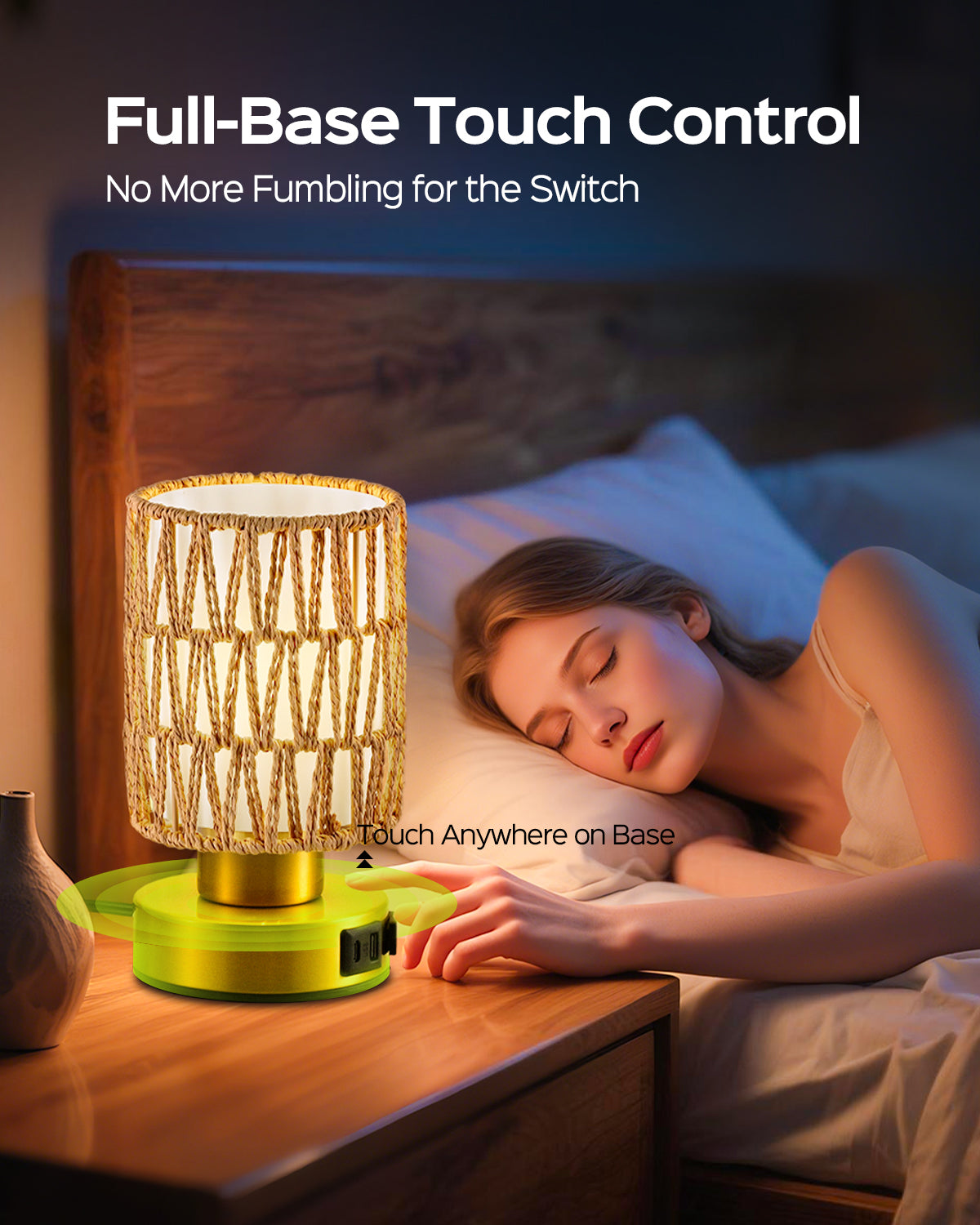 JACKYLED Touch Bedside Lamp with USB-C, USB-A &amp; AC Outlet, 3-Level Dimmable Warm White Light, Small Plug-in Table Lamps for Nightstand, Bedroom, Living Room, Home Office, Dorm(Handwoven Boho Shade