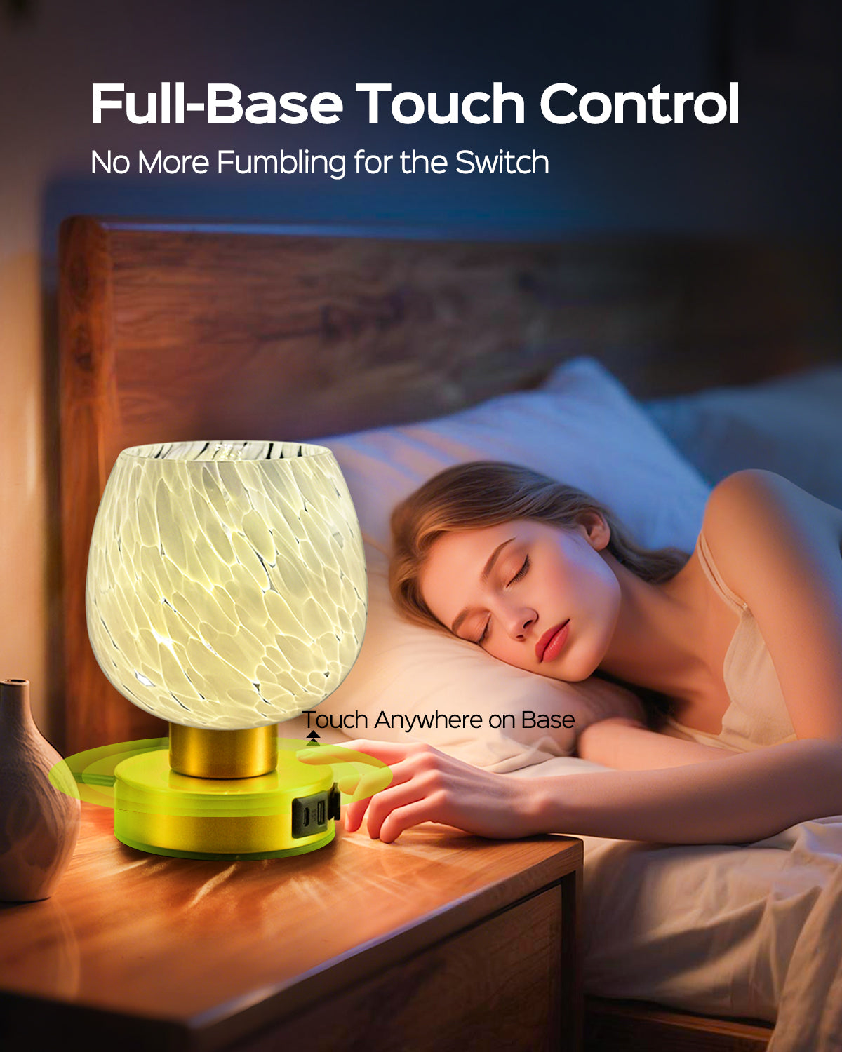 JACKYLED Touch Bedside Lamp with USB-C, USB-A & AC Outlet, 3-Level Dimmable Warm White Light, Small Plug-in Table Lamps for Nightstand, Bedroom, Living Room, Home Office, Dorm (Murano-Inspired Shade)