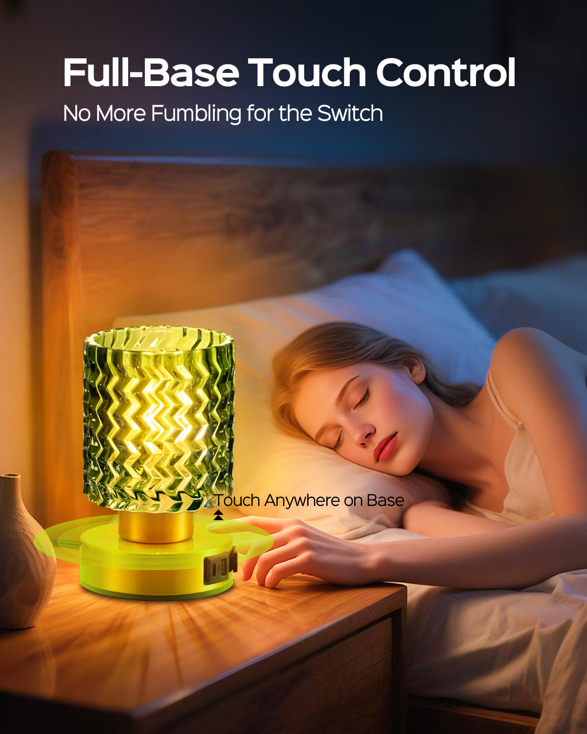 JACKYLED Touch Bedside Lamp with USB-C, USB-A &amp; AC Outlet, 3-Level Dimmable Warm White Light, Small Plug-in Table Lamps for Nightstand, Bedroom, Living Room, Home Office, Dorm(Wave Glass Shade