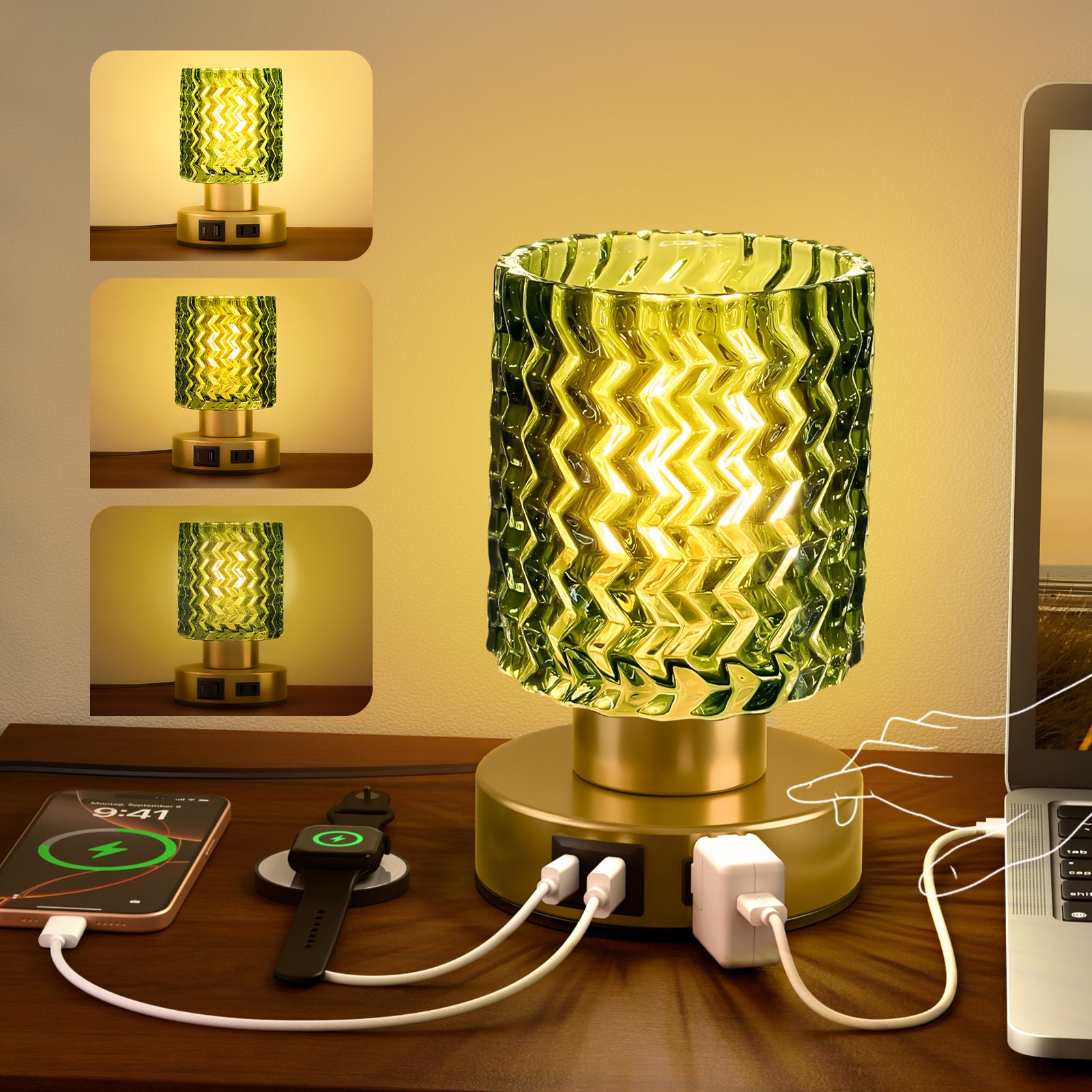 JACKYLED Touch Bedside Lamp with USB-C, USB-A &amp; AC Outlet, 3-Level Dimmable Warm White Light, Small Plug-in Table Lamps for Nightstand, Bedroom, Living Room, Home Office, Dorm(Wave Glass Shade