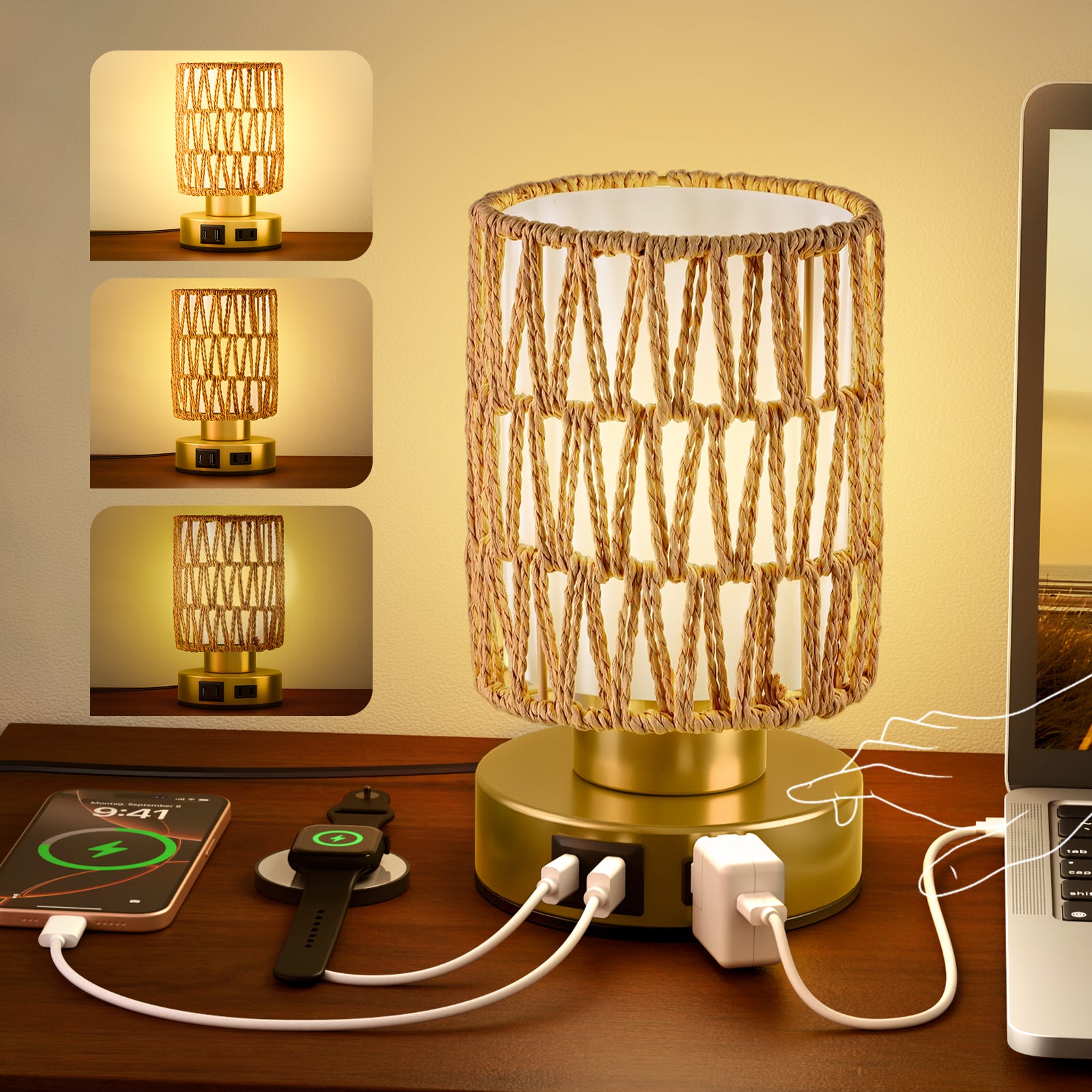 JACKYLED Touch Bedside Lamp with USB-C, USB-A &amp; AC Outlet, 3-Level Dimmable Warm White Light, Small Plug-in Table Lamps for Nightstand, Bedroom, Living Room, Home Office, Dorm(Handwoven Boho Shade