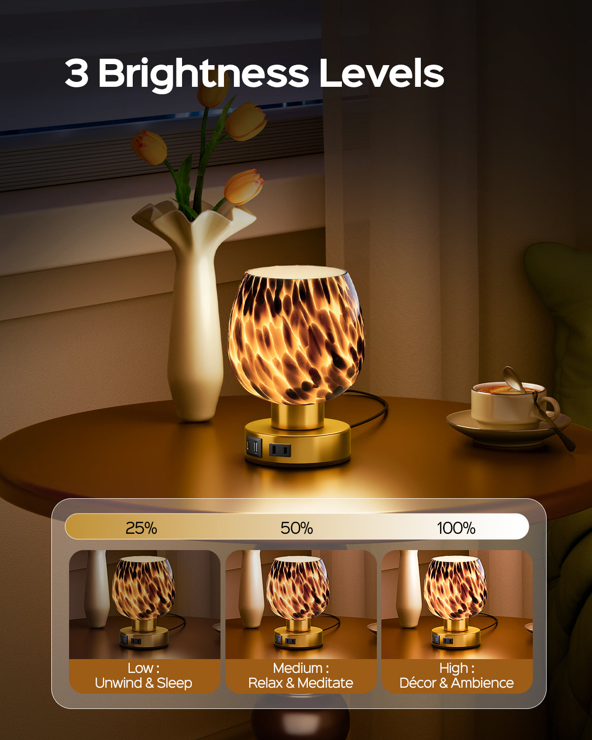 JACKYLED Touch Bedside Lamp with USB-C, USB-A & AC Outlet, 3-Level Dimmable Warm White Light, Small Plug-in Table Lamps for Nightstand, Bedroom, Living Room, Home Office, Dorm(Brown Glass Shade)