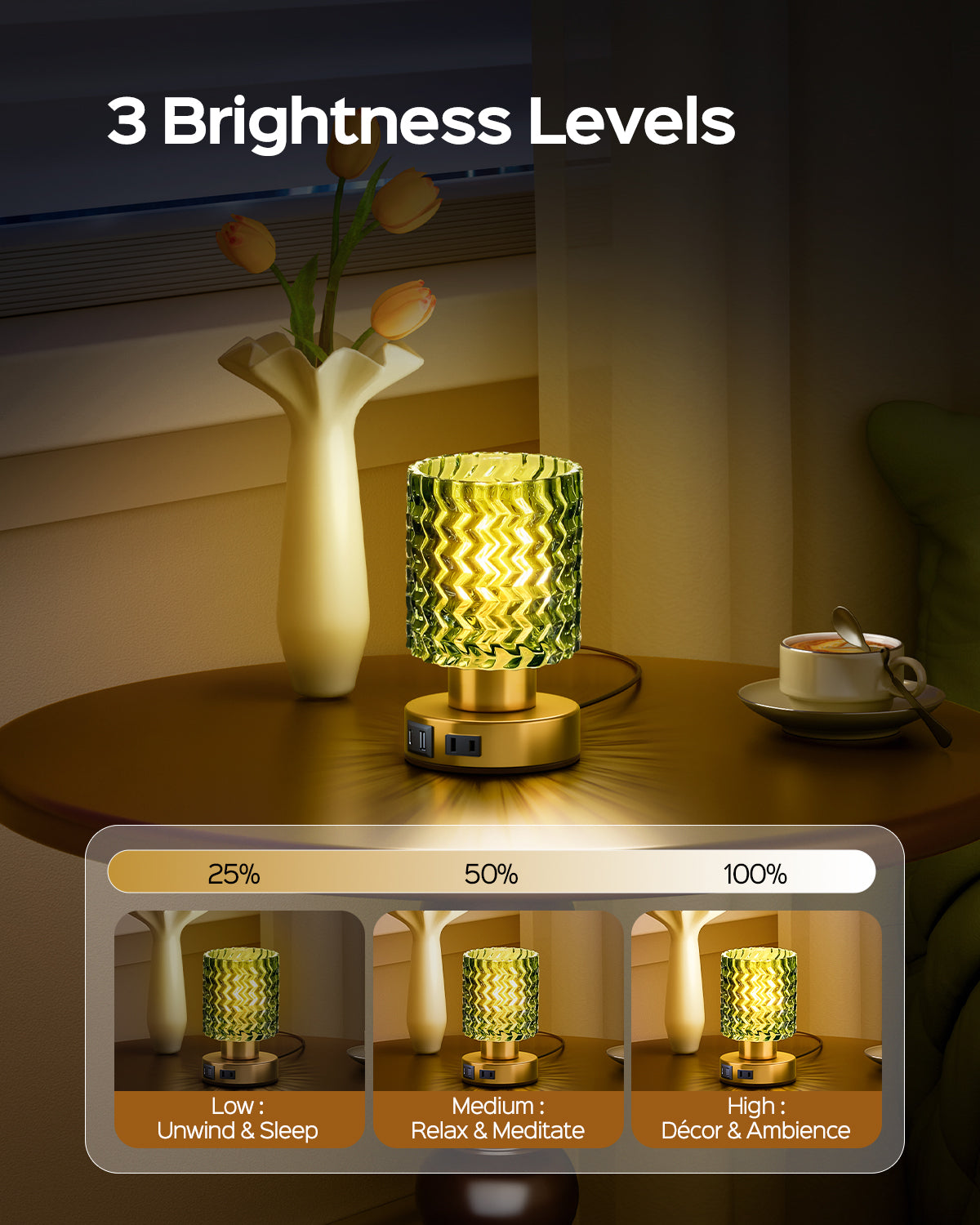JACKYLED Touch Bedside Lamp with USB-C, USB-A &amp; AC Outlet, 3-Level Dimmable Warm White Light, Small Plug-in Table Lamps for Nightstand, Bedroom, Living Room, Home Office, Dorm(Wave Glass Shade