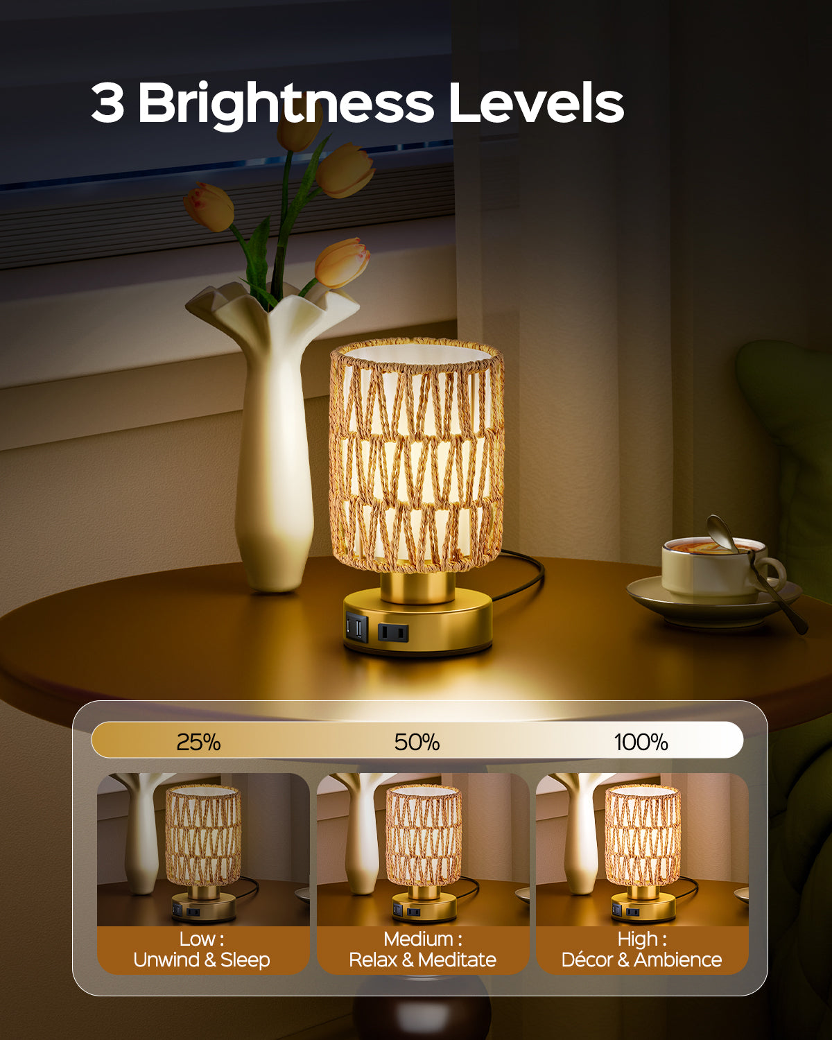 JACKYLED Touch Bedside Lamp with USB-C, USB-A &amp; AC Outlet, 3-Level Dimmable Warm White Light, Small Plug-in Table Lamps for Nightstand, Bedroom, Living Room, Home Office, Dorm(Handwoven Boho Shade