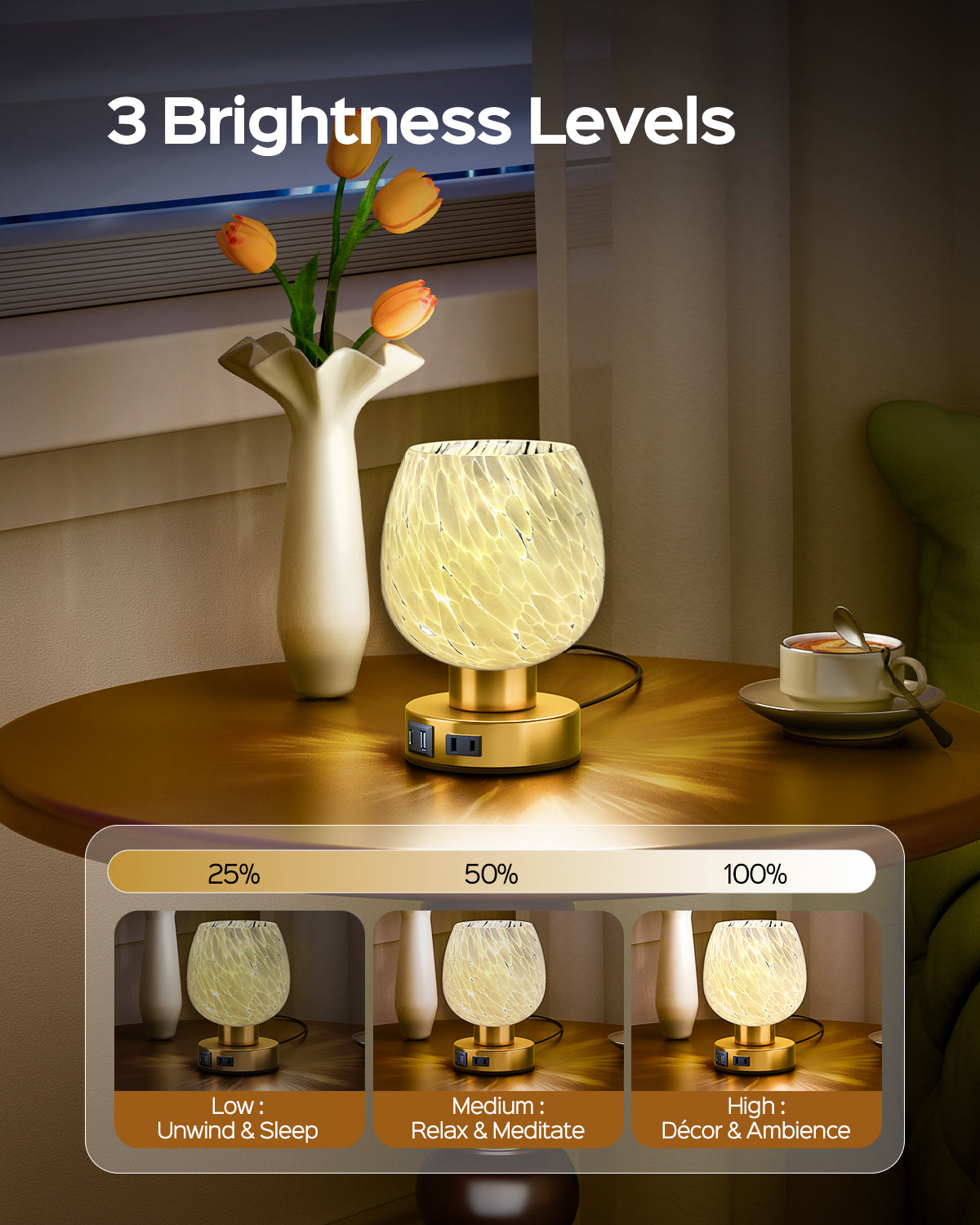JACKYLED Touch Bedside Lamp with USB-C, USB-A & AC Outlet, 3-Level Dimmable Warm White Light, Small Plug-in Table Lamps for Nightstand, Bedroom, Living Room, Home Office, Dorm (Murano-Inspired Shade)