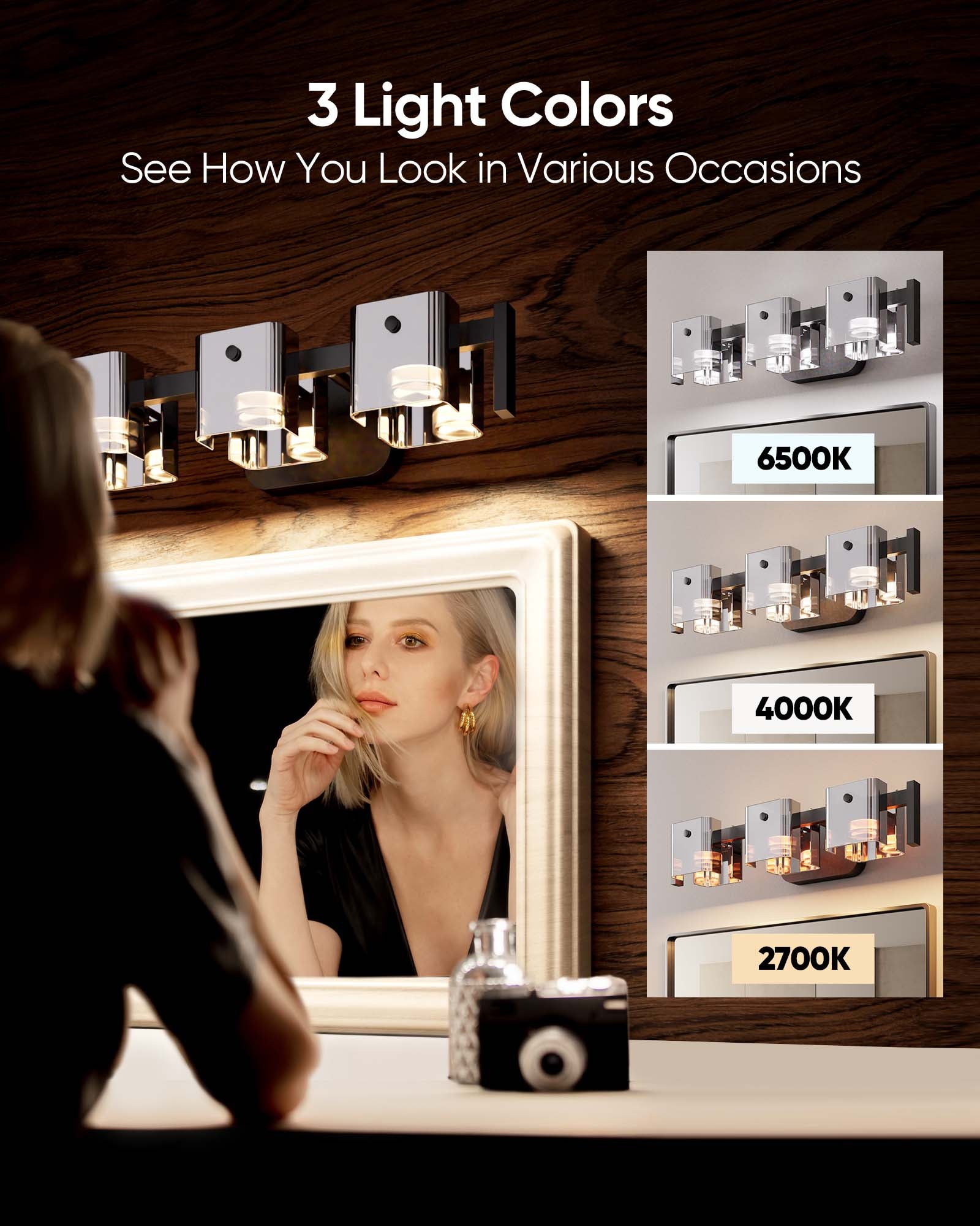 JACKYLED Bathroom Light Fixture, Modern 3-Light Vanity Lights with Art Glass Shades, 3 Color Temperatures LED Bathroom Lighting Fixture Over Mirror, 20W 1200 Lumen 30° Adjustable