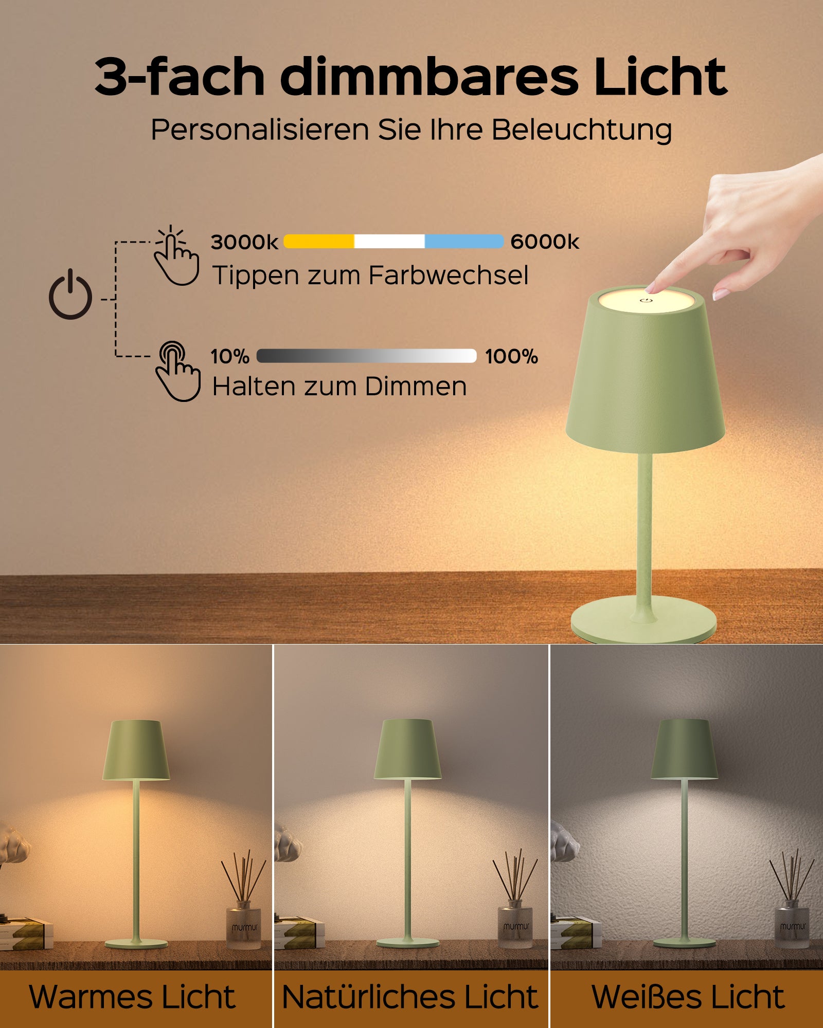 JACKYLED Tischlampe Kabellos, Wiederaufladbar mit 5000mAh Akku, 3 Höhen Verstellbar, 3 Farbtemperaturen Dimmbar (Weiß, 1 Stück JACKYLED Tischlampe Kabellos, Wiederaufladbar mit 5000mAh Akku, 3 Höhen Verstellbar, 3 Farbtemperaturen Dimmbar (Weiß, 1 Stück