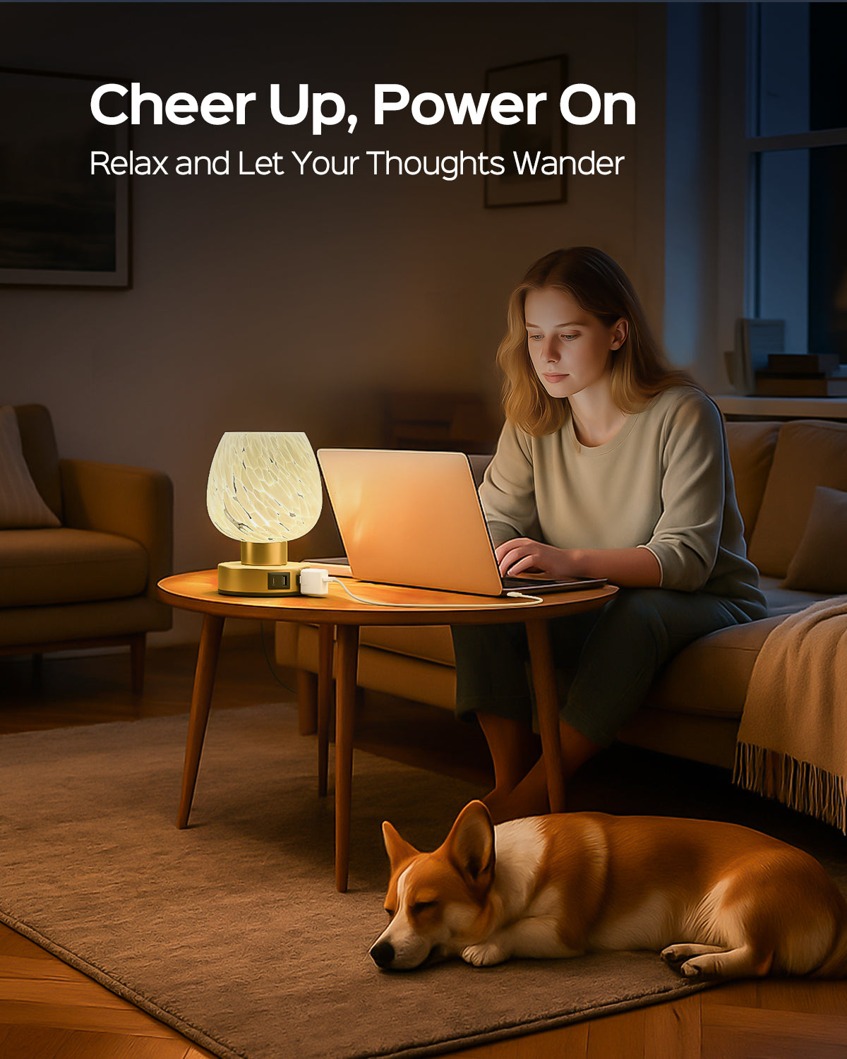 JACKYLED Touch Bedside Lamp with USB-C, USB-A & AC Outlet, 3-Level Dimmable Warm White Light, Small Plug-in Table Lamps for Nightstand, Bedroom, Living Room, Home Office, Dorm (Murano-Inspired Shade)