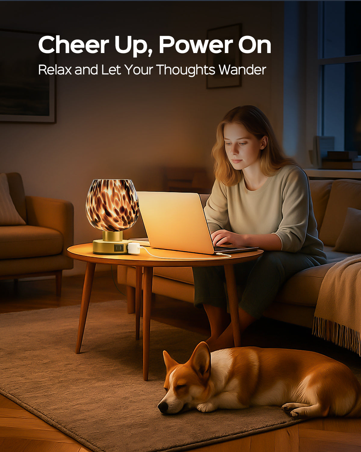 JACKYLED Touch Bedside Lamp with USB-C, USB-A & AC Outlet, 3-Level Dimmable Warm White Light, Small Plug-in Table Lamps for Nightstand, Bedroom, Living Room, Home Office, Dorm(Brown Glass Shade)