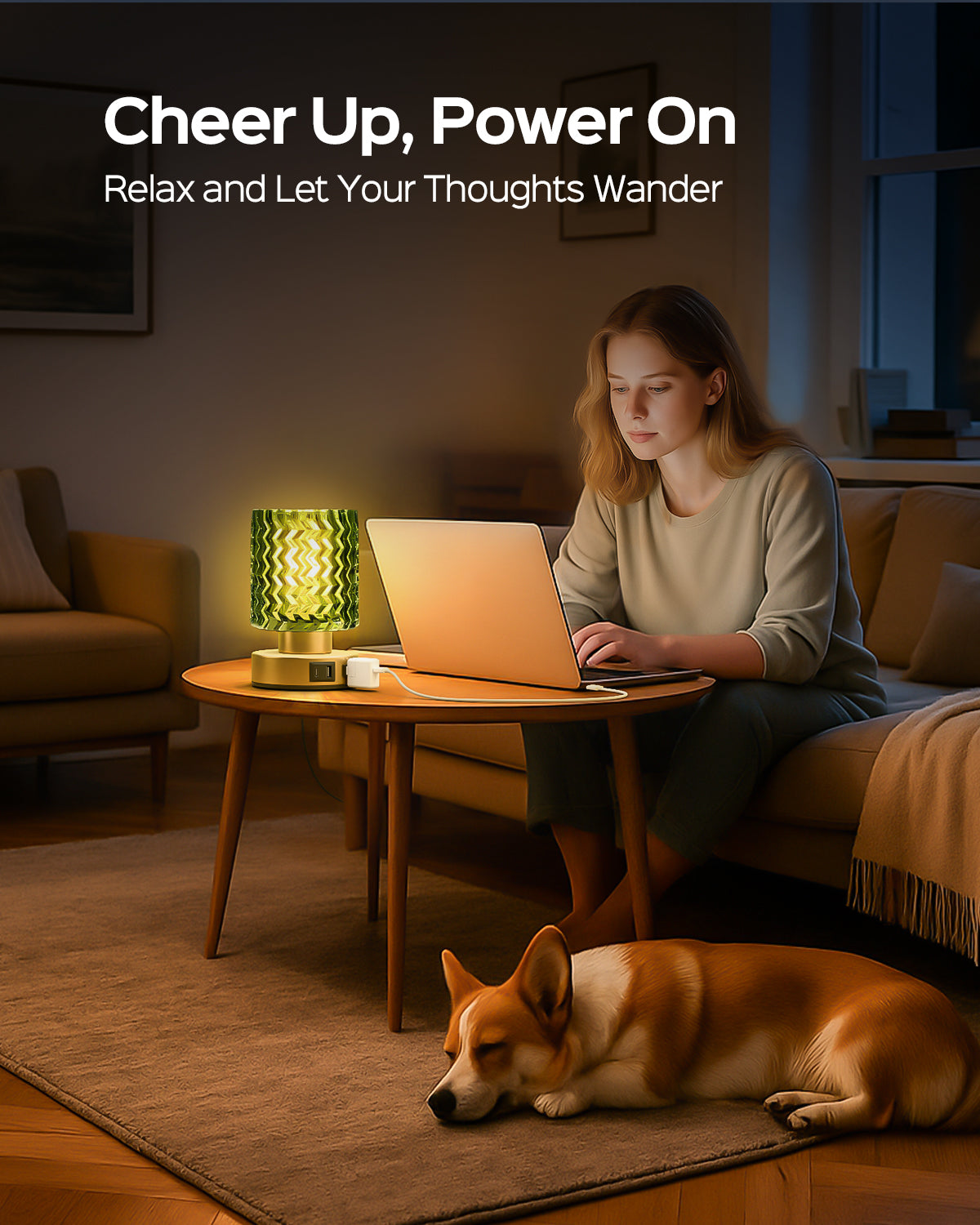 JACKYLED Touch Bedside Lamp with USB-C, USB-A &amp; AC Outlet, 3-Level Dimmable Warm White Light, Small Plug-in Table Lamps for Nightstand, Bedroom, Living Room, Home Office, Dorm(Wave Glass Shade