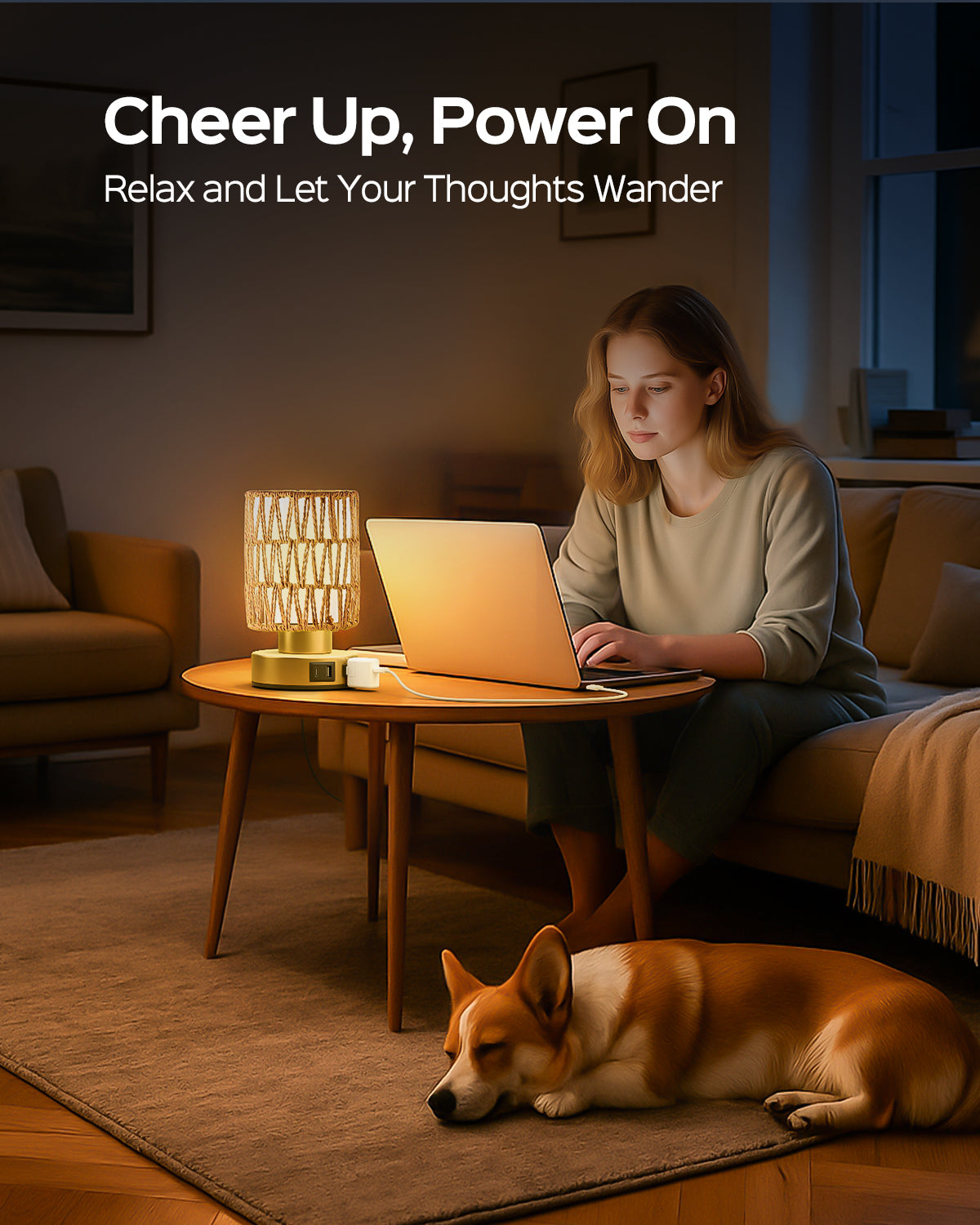 JACKYLED Touch Bedside Lamp with USB-C, USB-A &amp; AC Outlet, 3-Level Dimmable Warm White Light, Small Plug-in Table Lamps for Nightstand, Bedroom, Living Room, Home Office, Dorm(Handwoven Boho Shade