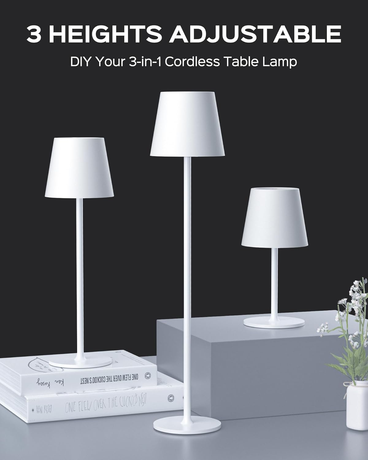 Cordless Table Lamps Rechargeable, 3 Adjustable Height