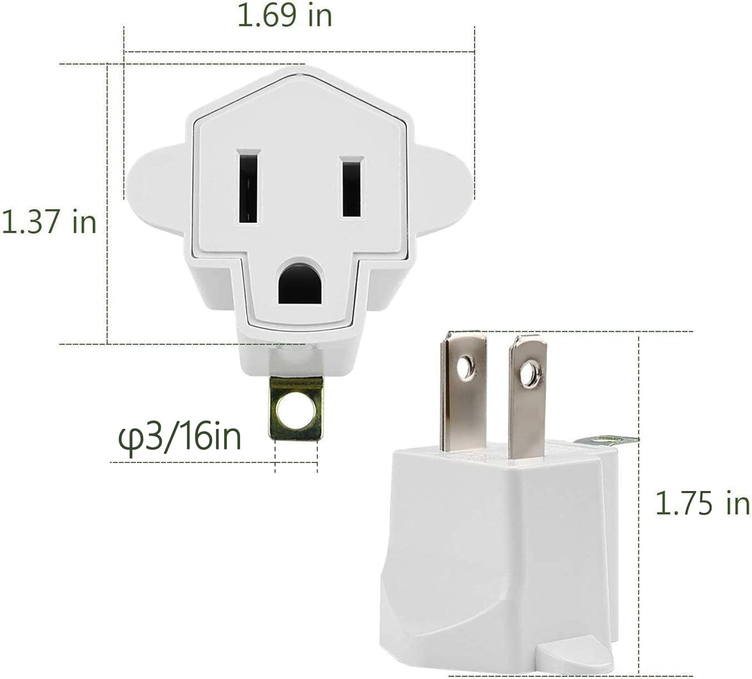 3 Prong to 2 Prong Polarized Grounding Adapter Wall Outlet Converter