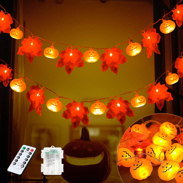 JACKYLED Halloween String Lights 60-LED Pumpkin & Maple Leaf Lights 30FT 8 Modes with Remote & Timer IP65 Waterproof Battery-Powered for Indoor & Outdoor Halloween Decorations