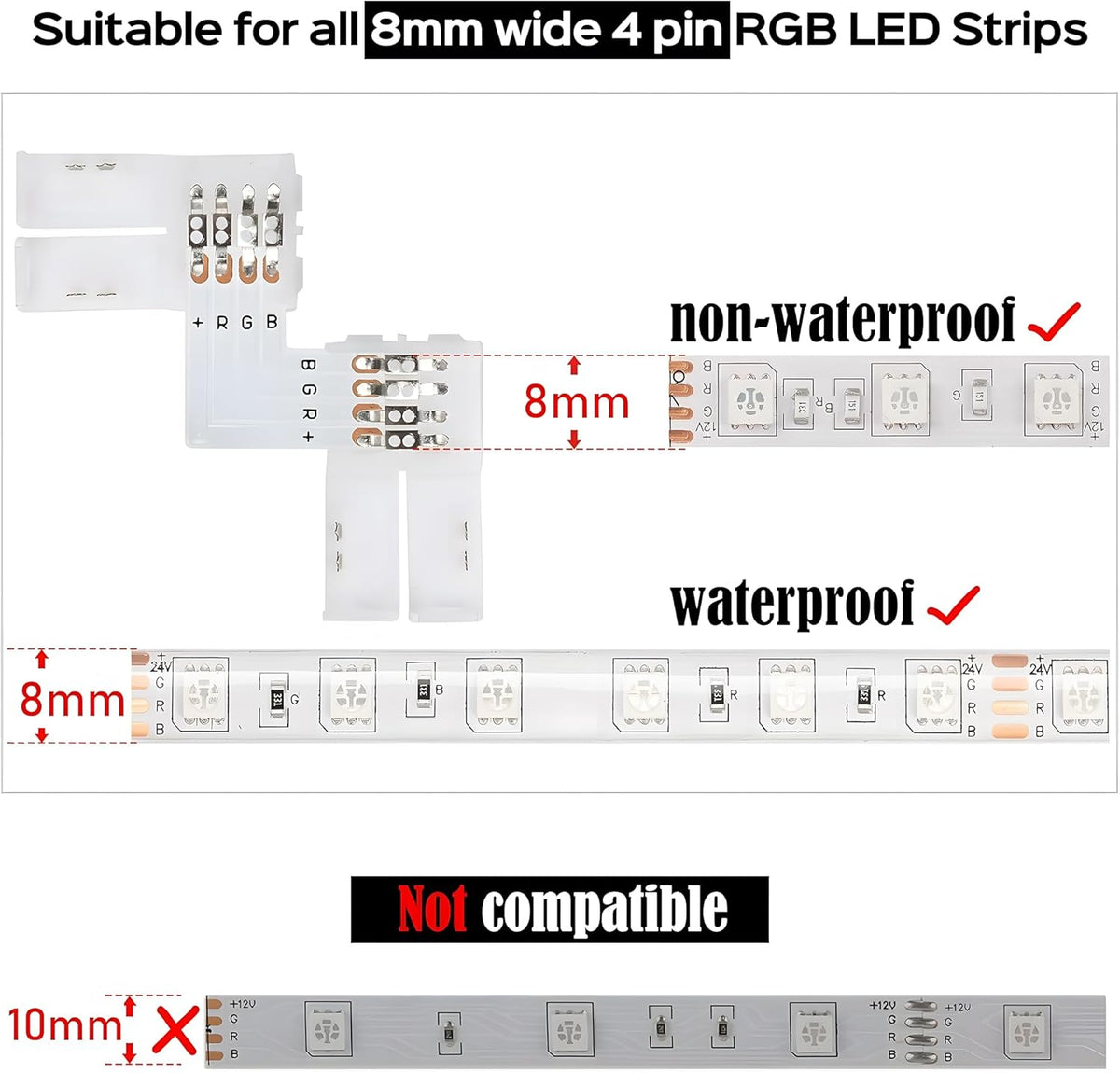 Led 4pin Shape 8mm 4-Pin LED Strip Connectors – JACKYLED