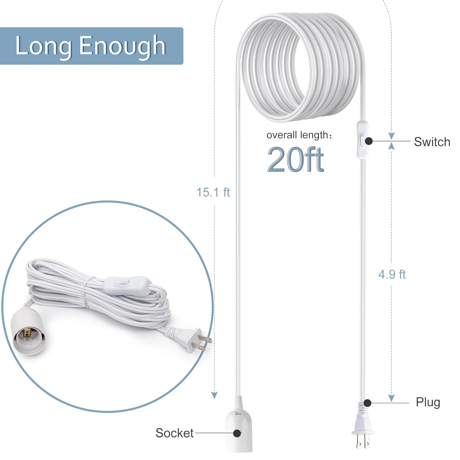 Extension Hanging Lantern Cord Cable 2-Pack 20ft UL 360W