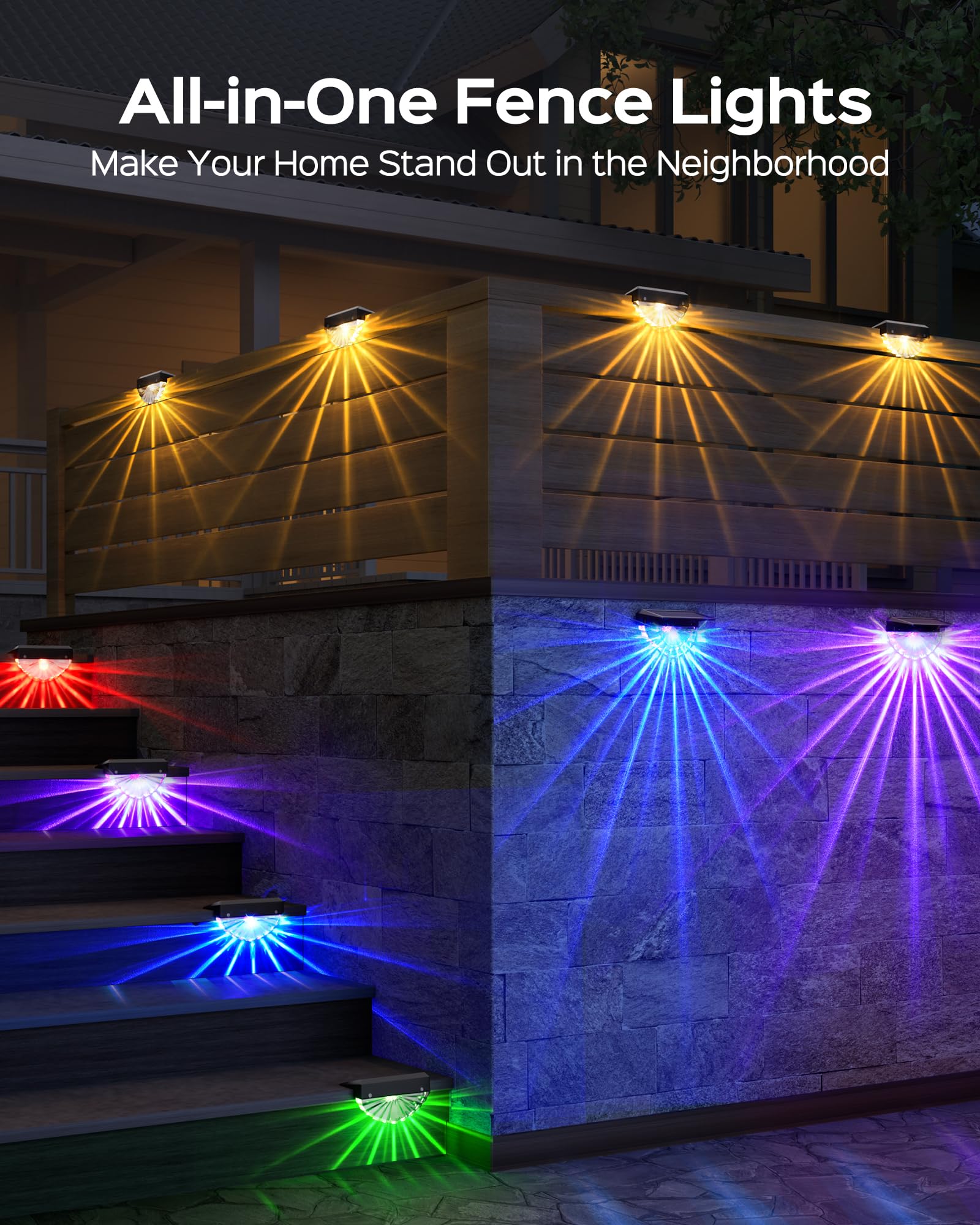 JACKYLED Solar Fence Lights RGB LED Accent Lighting with 180° Fan-Shaped Pattern, 20H Runtime, 8 Lighting Modes, Outdoor Waterproof Railing Light for Yard, Patio, Porch, Garden
