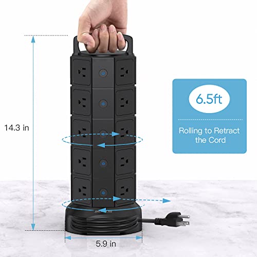 Power Strip Tower Surge Protector 20 AC Outlets 6 USB Ports 3000W 13A