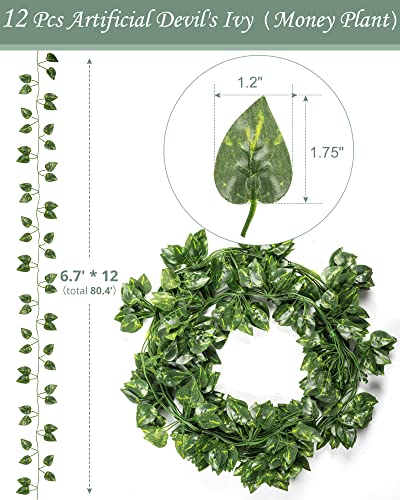 80Ft 12 Pack Artificial Devil's Ivy Garland with 80 LED String Light,