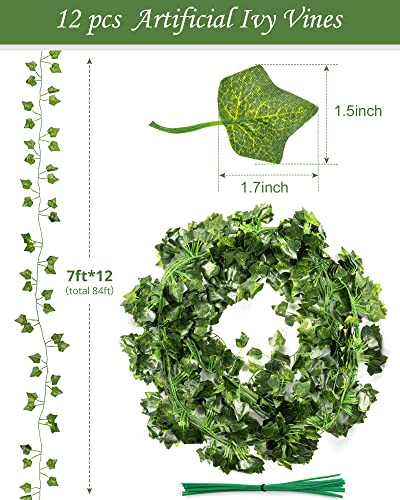 84 Ft 12 Pcs Artificial Ivy Garland Fake Vines with 80 LED String Light, vines  fake, wall decor