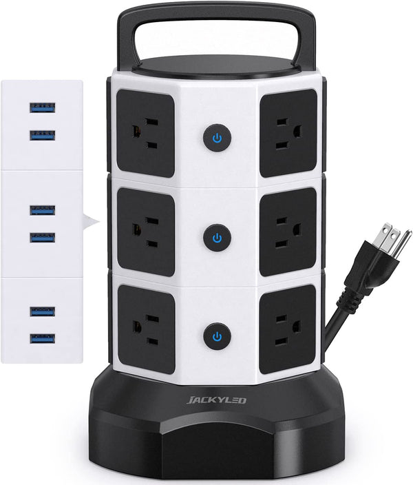 Power Strip Tower Surge Protector 1625W 13A USB Ports Charging