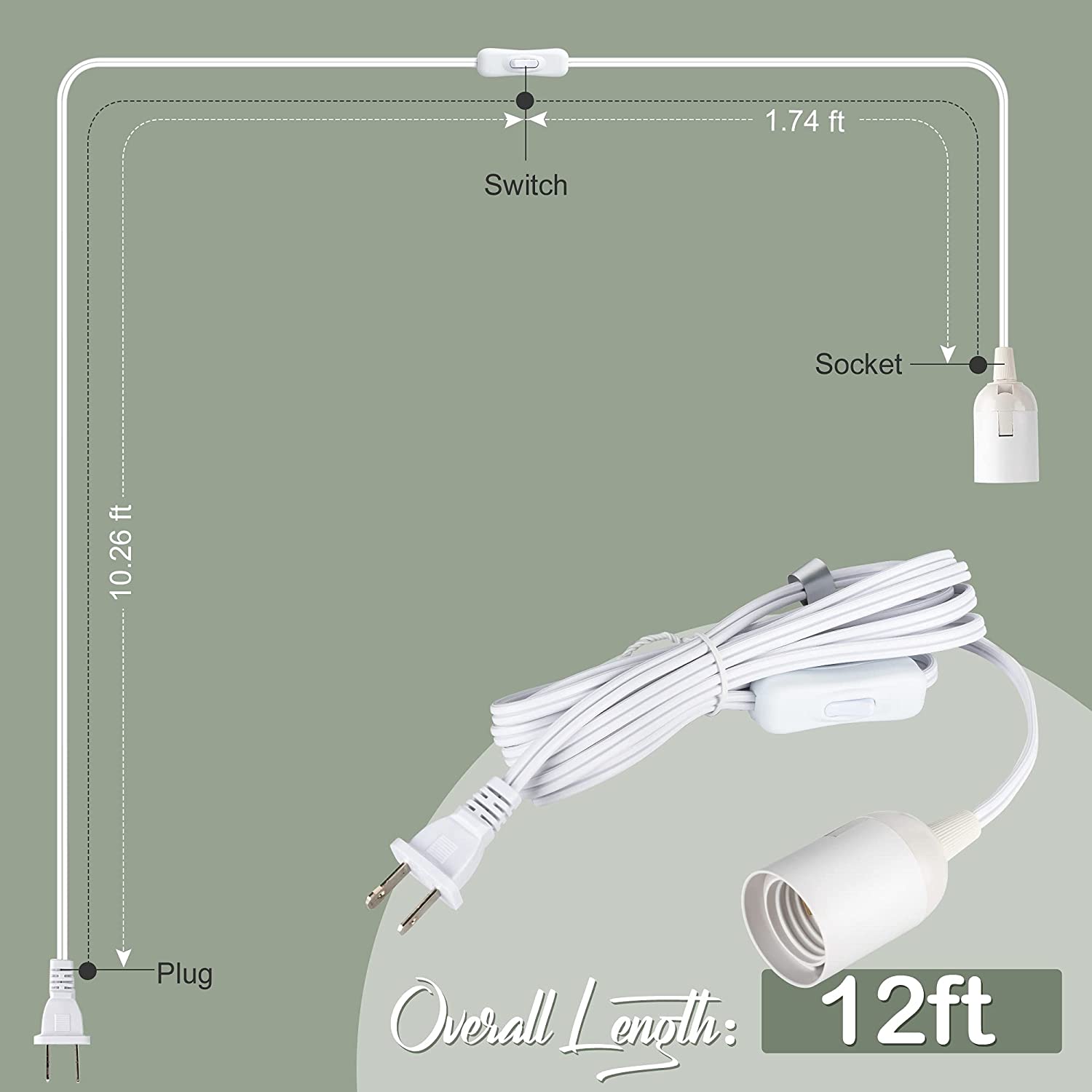 12Ft E26 E27 Socket On/Off Switch Extension Hanging Lantern Cord Cable