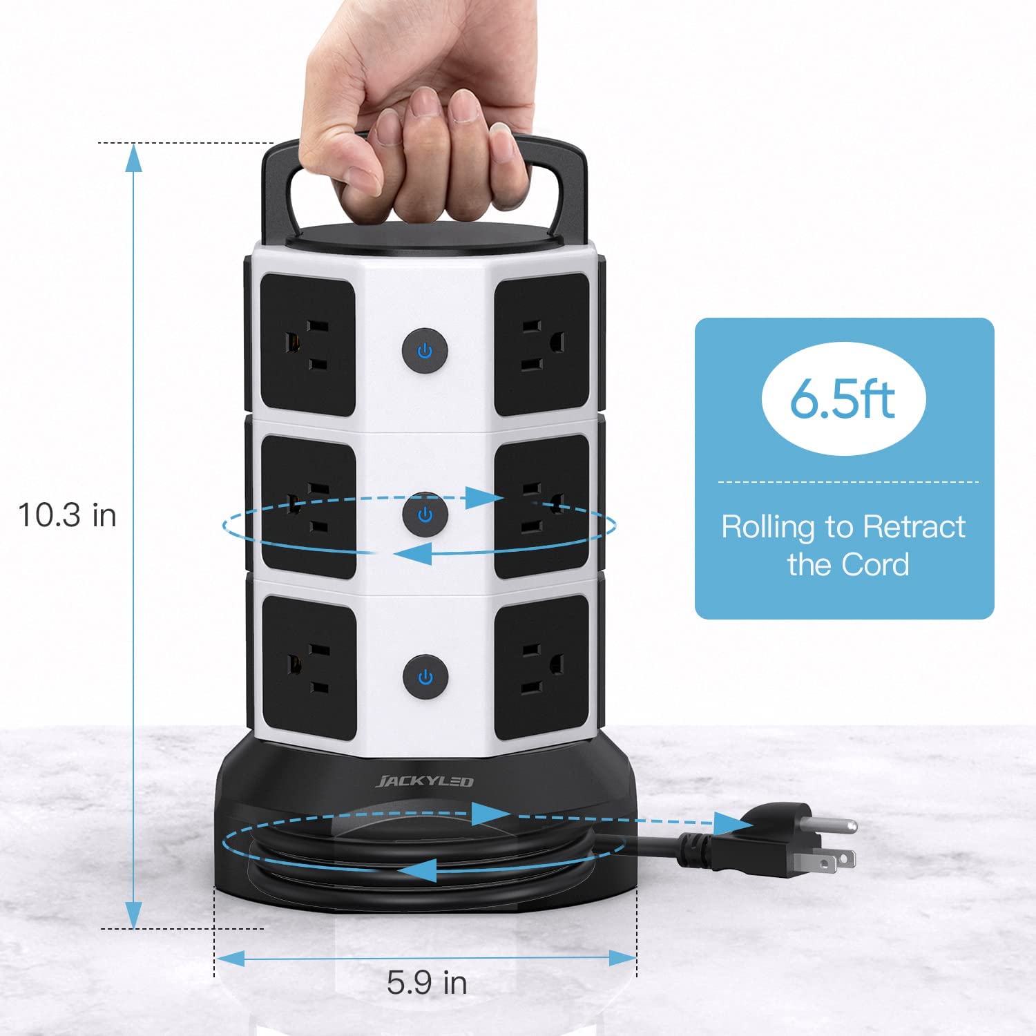 Power Strip Tower Surge Protector, JACKYLED 12 Outlets 6 USB (2 USB C) Charging Station, Extension Cord with Multiple Outlets, 1050J 1625W/13A Outlet Extender 6.5ft Extension Cord for Home Office