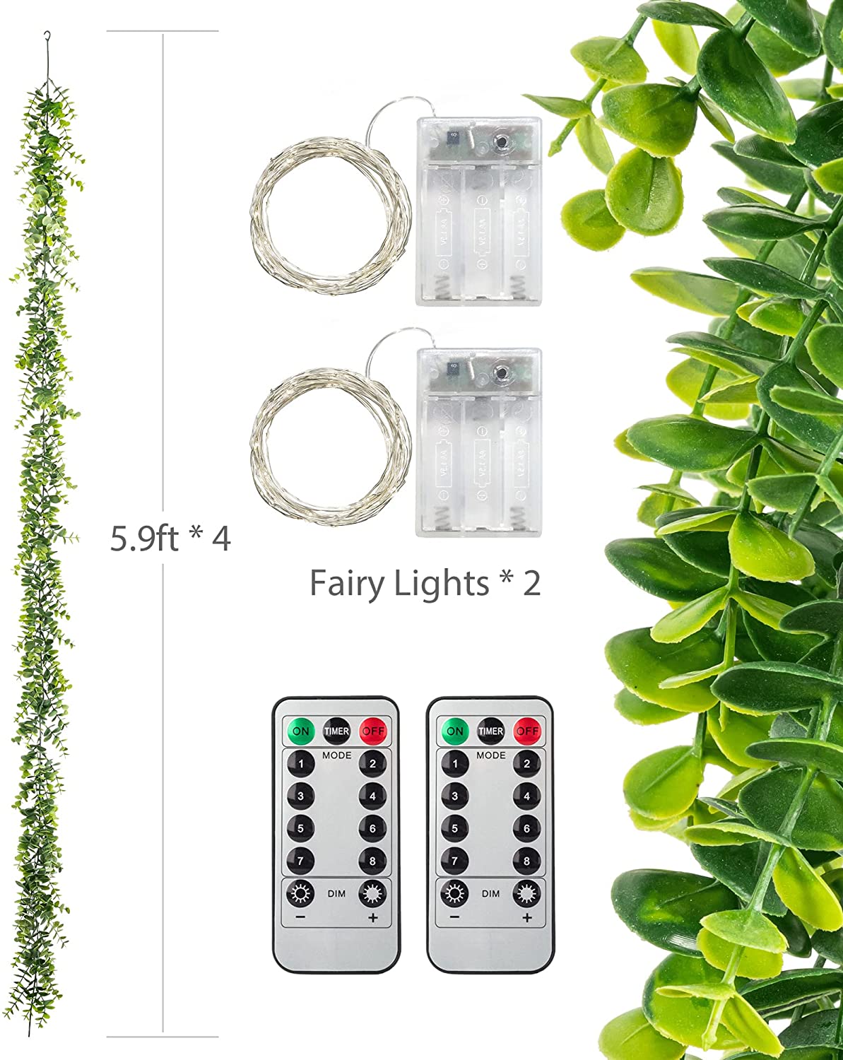 5.9 ft 4-Pack Artificial Eucalyptus Garland String Lights Dimmable
